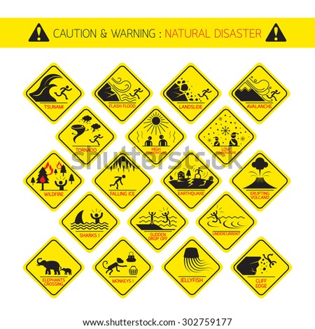 Natural Disaster Warning Signs, Caution, Danger, Hazard Symbol Set ...