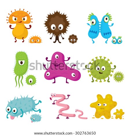 Cute Germ Characters Collection Set, Bacteria, Virus, Microbe, Pathogen