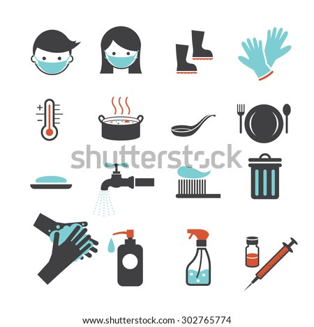 Health and Sanitation Icons Set, Cleanness, Contagious Disease Prevention and Secure
