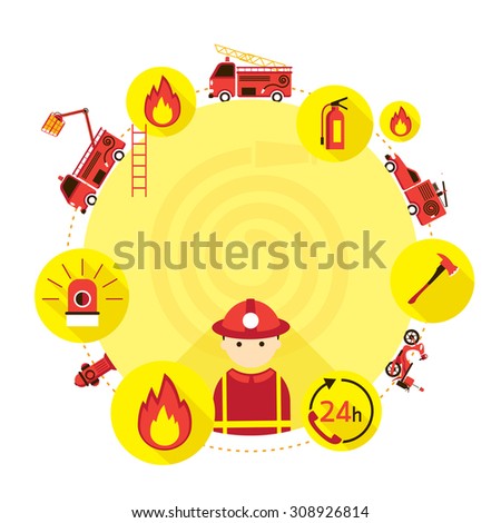 Firefighter and Equipment Icons Round Frame, Emergency, Fire, Fireman, Vehicle and Equipment