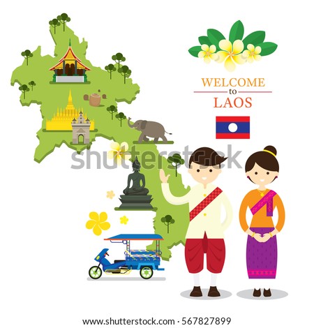 Laos Map and Landmarks with People in Traditional Clothing, Culture, Travel and Tourist Attraction