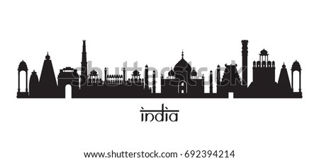 India Landmarks Skyline in Black and White Silhouette, Cityscape, Travel and Tourist Attraction