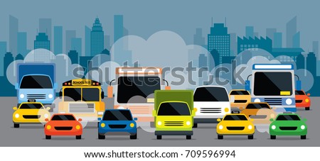 Vehicles on Road with Traffic Jam Pollution, Front View with City Background