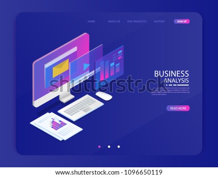 business analysis system, isometric blue light concept. there are computer laptop and graph screen. vector illustration