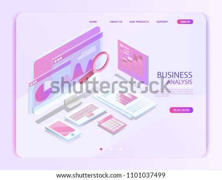 business analysis system, isometric blue light concept. there are computer laptop and graph screen. vector illustration