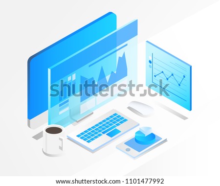 business analysis system, isometric blue light concept. there are computer laptop and graph screen. vector illustration