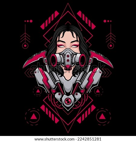 JAPANESE FUTURISTIC CYBER GIRL WEARING GAS MASK LOGO ILLUSTRATION