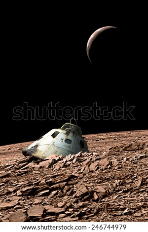 A scorched space capsule lies abandoned on a barren moon. A sister moon rises in the background. - Elements of this image furnished by NASA.