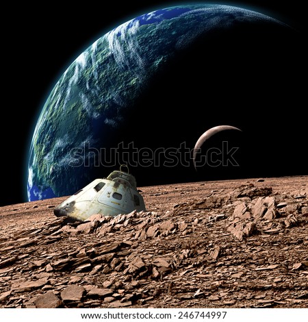 A scorched space capsule lies abandoned on a barren moon. A sister moon and Earth-like planet rise in the background. - Elements of this image furnished by NASA.