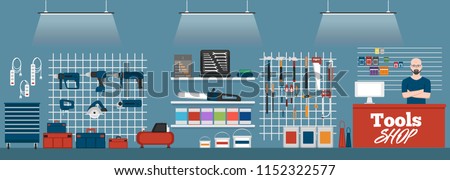 Salesman in tools shop interior banner. Assortment of hand instruments and power tools. Showcase of tool store vector illustration in flat style.