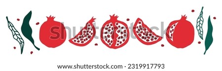 Set of pomegranate fruits. Isolated elements for design. Pomegranate vector illustration. Pomegranate, berries, seeds and leaves in cartoon style. SHANA TOVA. Pomegranate fruit vector abstract icon.