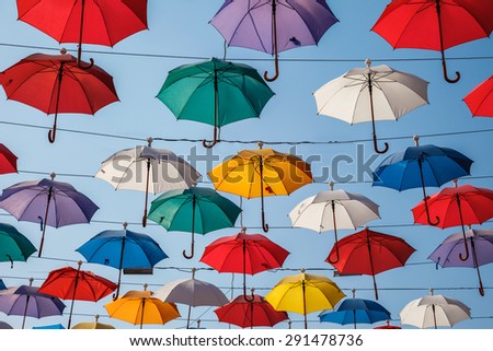 Creative decorative background from color umbrella above the street in Antalya, Turkey