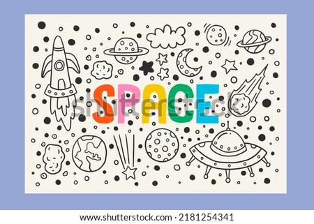 Space Themed Lettering Doodle Illustration Design Set