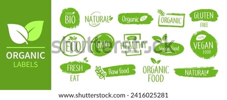 Organic food labels. Fresh eco vegetarian products, vegan label and healthy foods badges. Veganism logo, vegans diet sticker or ecological food product stamp. Vector isolated symbols set