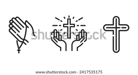 Praying hands holding cross line icon, christian and prayer, hands holding cross vector icon, vector graphics, editable stroke outline sign, eps 10.