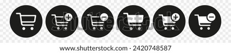 Shopping cart line and glyph icons set, flat design. Isolated on white background. Collection of web icon for online store, website. Add to cart, minus, delete product. Vector illustration.