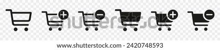 Shopping cart line and glyph icons set, flat design. Isolated on white background. Collection of web icon for online store, website. Add to cart, minus, delete product. Vector illustration.