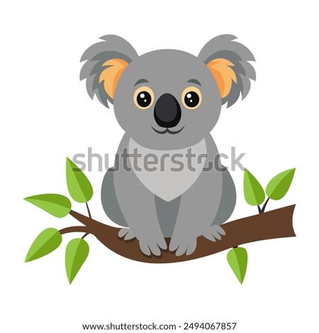 Cute cartoon koala sitting on a tree branch isolated on white background. Koala hanging on the tree. Side view. Vector illustration.