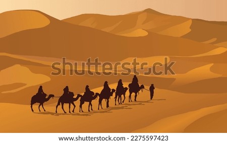 A group of caravans in the desert journey. Desert scenery. Vector illustration isolated. EPS