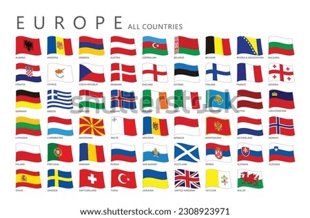 Flags of All European Countries in wavy shape. Vector illustration isolated on white background, eps