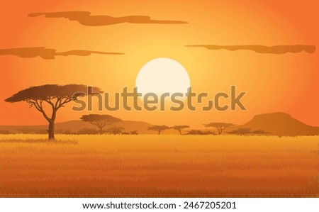 African Savannah and Sunset, vector illustration isolated, eps