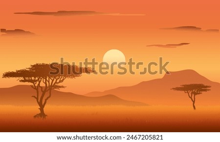 African Nature with Savannah at evening, vector illustration isolated, eps