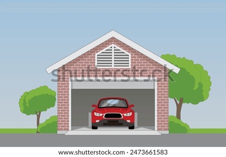 Car Garage with A Red Car inside, vector image isolated, eps