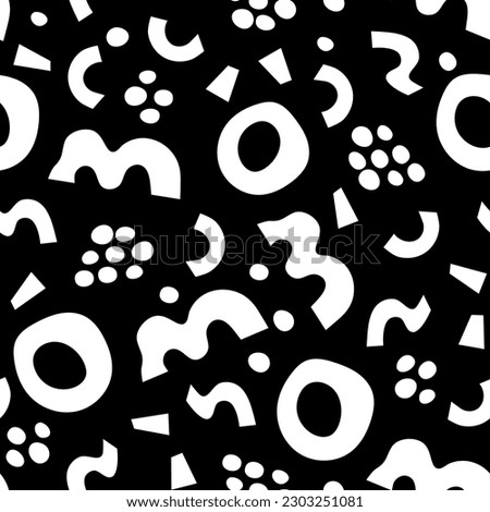Black and white abstract paper cut shapes seamless pattern. Monochrome doodles background. Simple elements like O M om letters dots, geometric shapes. Contemporary naive art. Vector illustration.