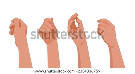 Set of isolated human hands, palm and fingers laid in gestures of holding or giving something. You need it for brochures, booklets where hand holds object, note or speech bubble. Vector illustration.