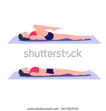 Single knee to chest exercise. Stretch out and relieve tension in lower back, hamstrings, and gluteus. Bring one knee up towards chest from lying on back position, lower back pain appeasement. Girl.