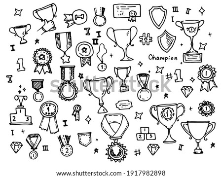 vector set of isolated elements medals and orders with cups hand drawn in doodle style black outline on white background for design template.Set for celebration decoration design. Vector sketch 