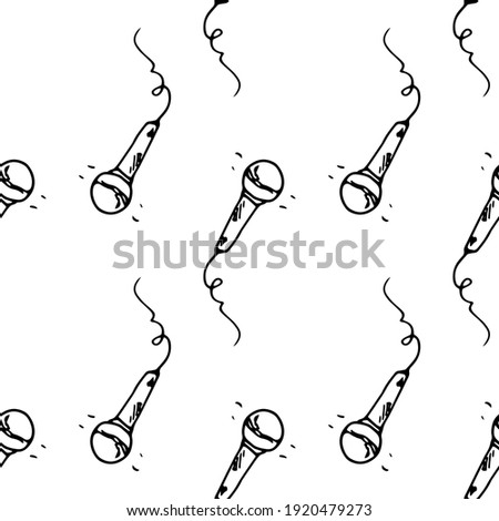 Vector seamless pattern from the microphone with a black line on a white background. a simple musical background of a hand-drawn vocal microphone with sounds and a doodle-style wire for a design 