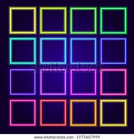 Neon square multi-colored frames. Isolated elements of neon blank different frames with space for text, square shaped bright red, blue, green and yellow hues glowing on a dark background for a design 