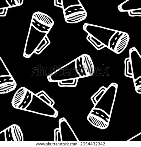 seamless pattern of the loudspeaker. a hand-drawn drawing in the style of MEGAPHONE doodles, an isolated white outline randomly arranged in different directions on a black background for a design 
