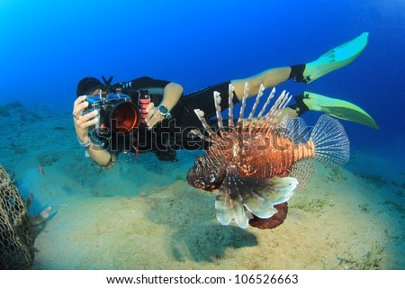 Female underwater photographer takes a photo of a Lionfish