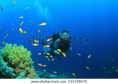 Female Scuba Diver explores coral reef with tropical fish
