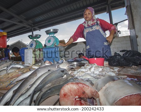 KOTA KINABALU, MALAYSIA - MAY 17 2014: Sharks at fish market. Environmental problem of trade in endangered species including Hammerhead Shark killed illegally for their fins.