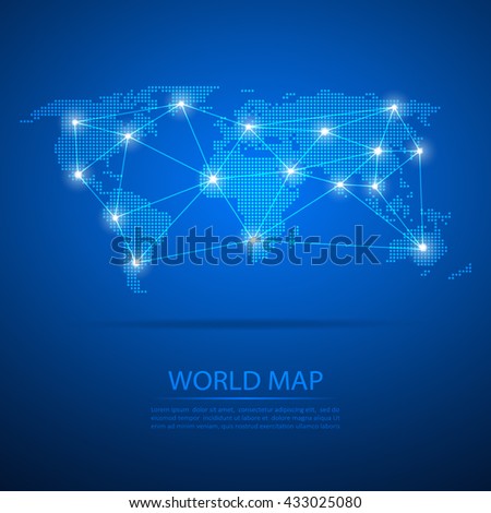 World map with dot nodes. Vector design dots map background and line network.