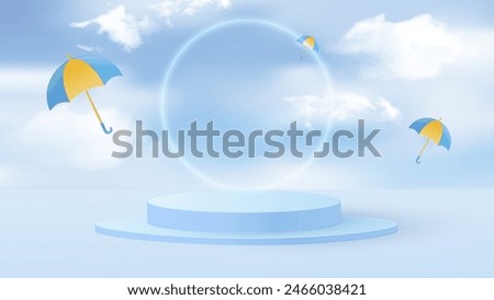 Round podium for displaying products during the rainy season. Design with realistic clouds and flying colorful umbrellas. Vector illustration.