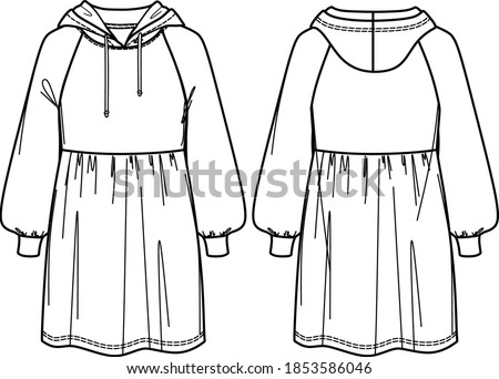 sweatshirt dress technical drawing, sporty dress sketch, dress CAD, hooded dress flat, casual wear for woman