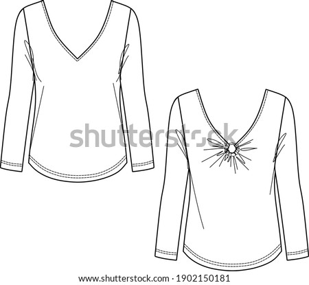 Vector t-shirt with ring fashion CAD , women long sleeved blouse sketch, V-neck women technical drawing, template, flat, mock up. Jersey modern rounded hem top with front, back view, white color