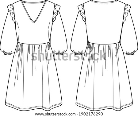 Vector long sleeved dress fashion CAD, template, flat. Balloon sleeved mini dress with frills technical drawing, dress sketch with belt. Jersey or woven fabric dress with front, back view, white color