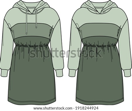 Vector sweatshirt dress technical drawing, woman long sleeved dress fashion CAD, hooded dress template, sketch