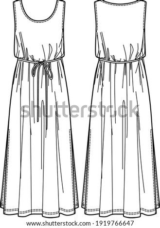 Vector maxi dress with side slits technical drawing, long summer dress fashion CAD, woman sleeveless dress with round neck sketch, template. Jersey or woven fabric dress with front, back view, white