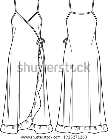 Vector scrappy long dress fashion CAD, woman maxi wrapped dress technical drawing, frill and bow detail dress flat, template, sketch. Jersey or woven fabric dress, front, back view, white color
