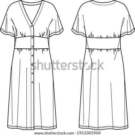 Vector Midi short sleeved Dress fashion CAD, woman long v neck dress with buttons in front technical drawing, template, sketch, flat. Jersey or woven fabric dress with front, back view, white col