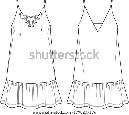 Vector short flared dress fashion CAD, woman a shape dress with frills technical drawing, dress with thin shoulder straps template, flat, sketch. Jersey or woven fabric dress with front, back view