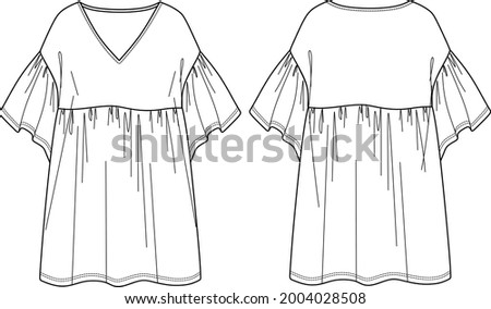 Vector dress sketch, V-neck dress technical drawing, fashionable short sleeved women CAD, flat, mini dress with ruffles. Jersey or woven fabric dress with front, back view, white color
