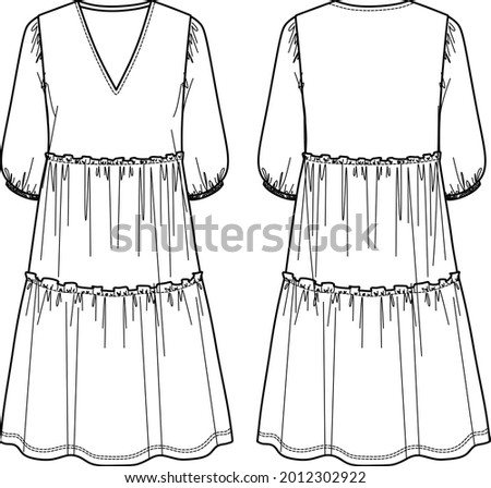 Voluminous maxi fashion dress, trendy dress with frills vector sketch, v-neck dress fashion CAD, technical drawing, flat. Jersey or woven fabric dress with front, back view, white color