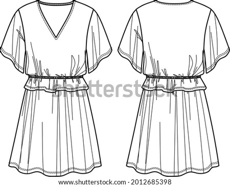 Vector V-neck dress technical drawing, fashionable short sleeved dress fashion CAD, flat, mini dress with ruffles flat, template. Jersey or woven fabric dress with front, back view, white color